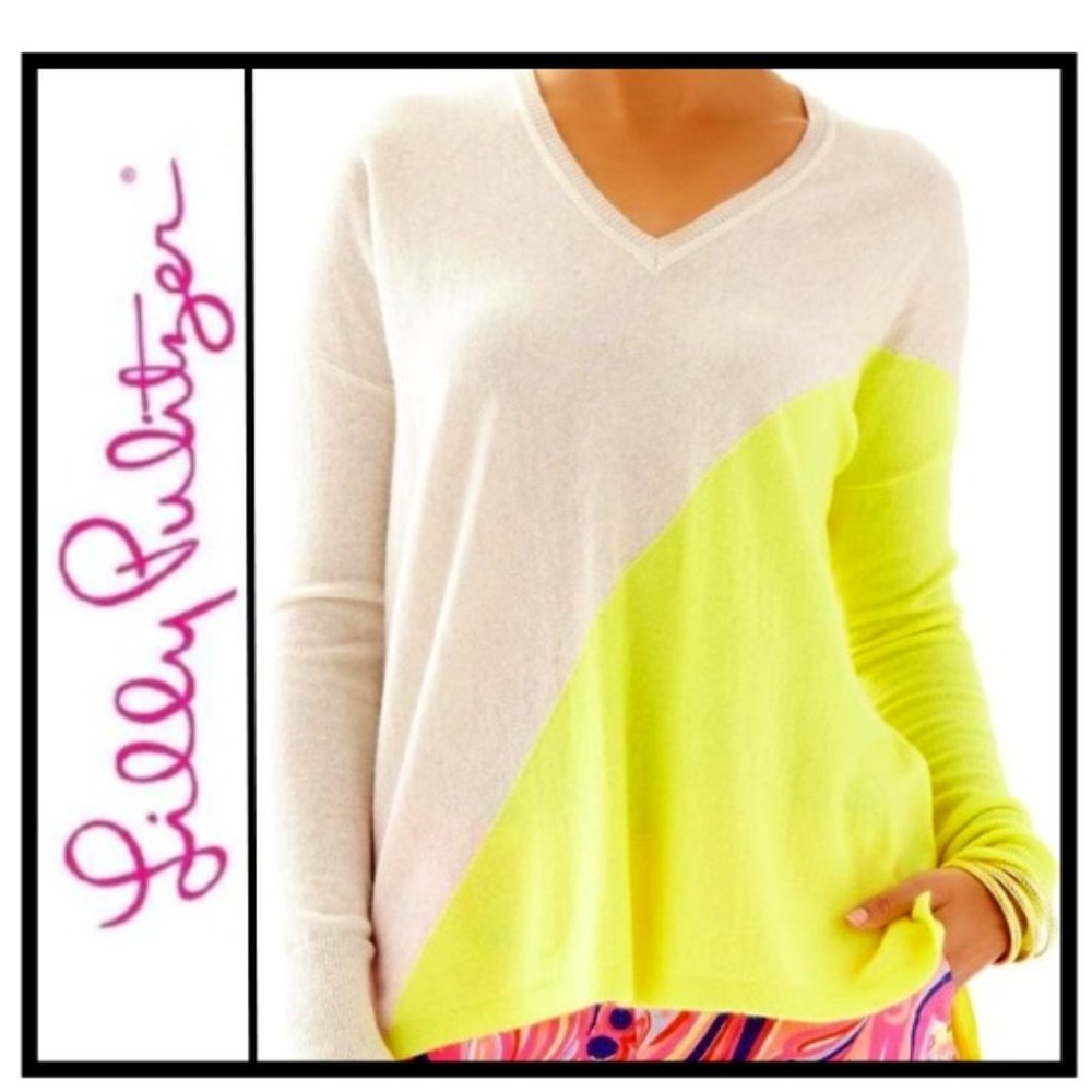 Lilly Pulitzer L / XL Cashmere TAN/YELLOW DIAGONAL Colorblock ALESSANDRA Sweater